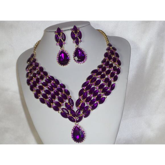 Purple rhinestone necklace set, prom party evening wedding bridal MOB necklace, - Picture 2 of 6